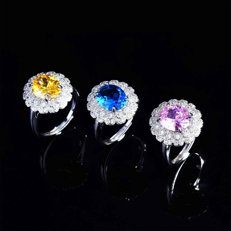 Nhẫn bạc 925 đính đá zircon hình oval màu hồng/ vàng/ xanh dương sang trọng cho nữ