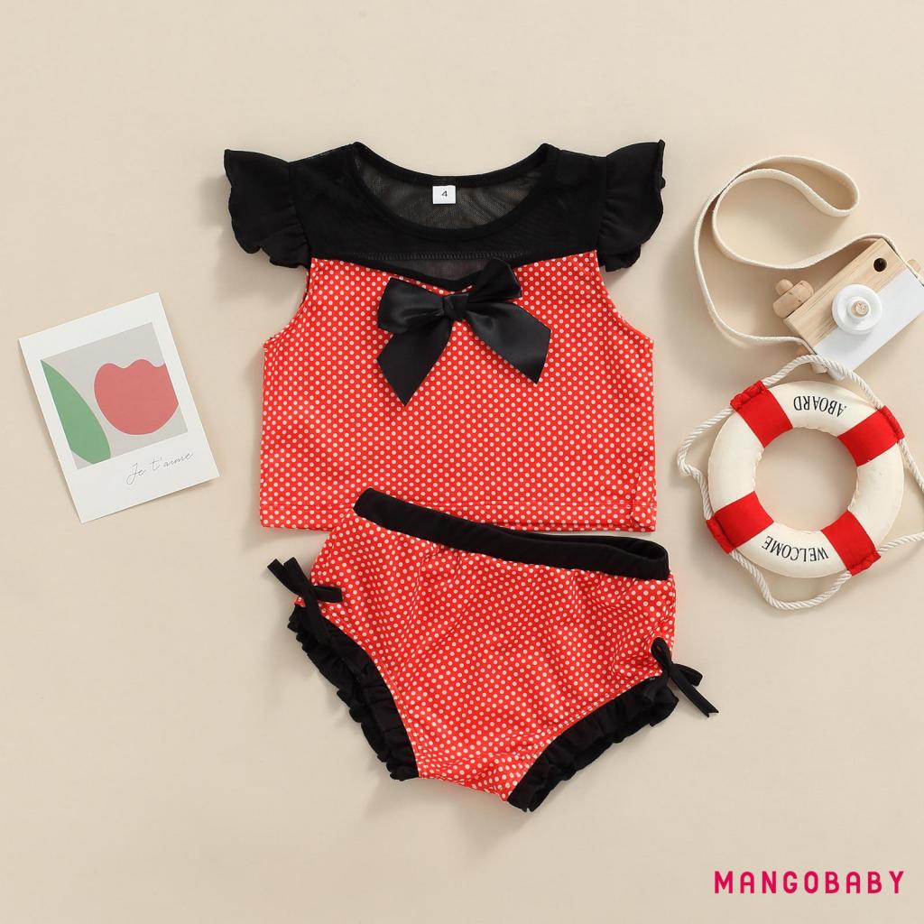 Bộ đồ bơi 2 mảnh áo cổ tròn tay bèo + quần nhún họa tiết chấm bi màu đỏ cho bé gái 2-6 tuổi