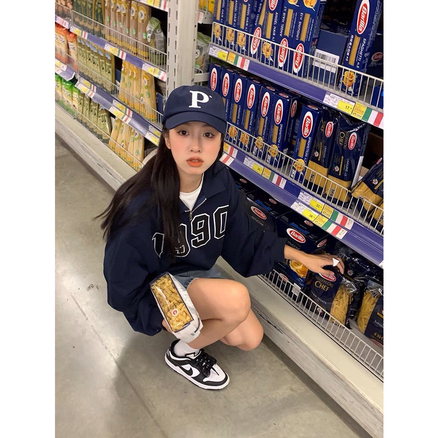 Áo Nỉ Cổ Cao 1990 Xám Xanh Khóa Kéo  Áo Sweater Nữ Polo Có Cổ form rộng tay bồng vintage, hoodie zip Ulzzang Mặc 2 Kiểu