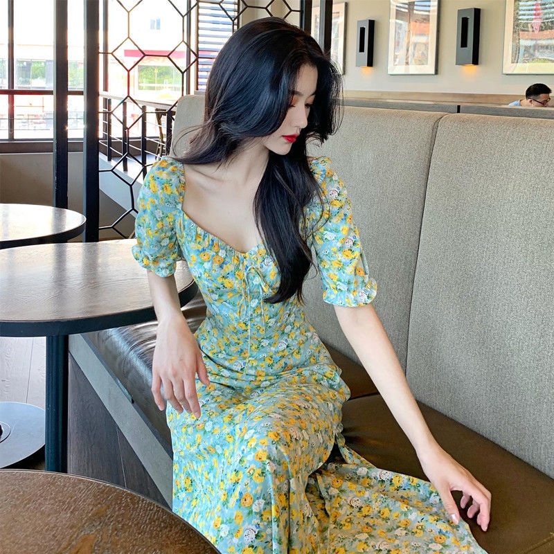 Váy xanh bơ đầm bigsize nữ đầm tay phồng đầm nữ váy hoa nhí cổ vuông đầm dài đầm vintage đầm đi tiệc váy đi chơi đầm dự tiệc sang trọng