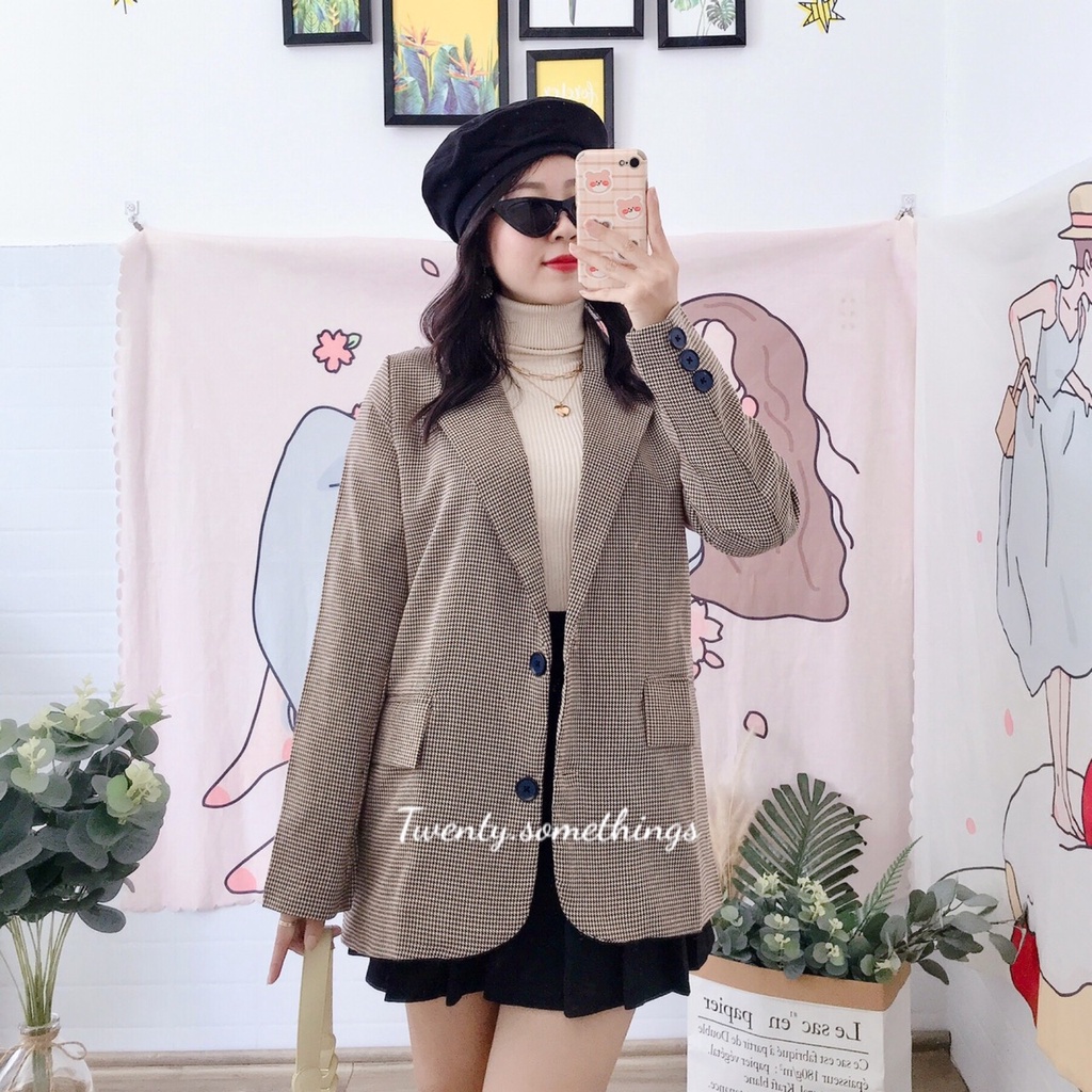 ÁO BLAZER KẺ CARO NÂU NHÍ 2 LỚP ( ảnh thật/ video/ sẵn)