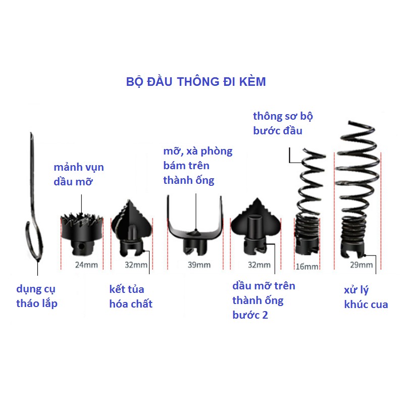 Bộ dây thông cống chuyên nghiệp 20m phi 16 mm và đầu thông dùng cho máy khoan