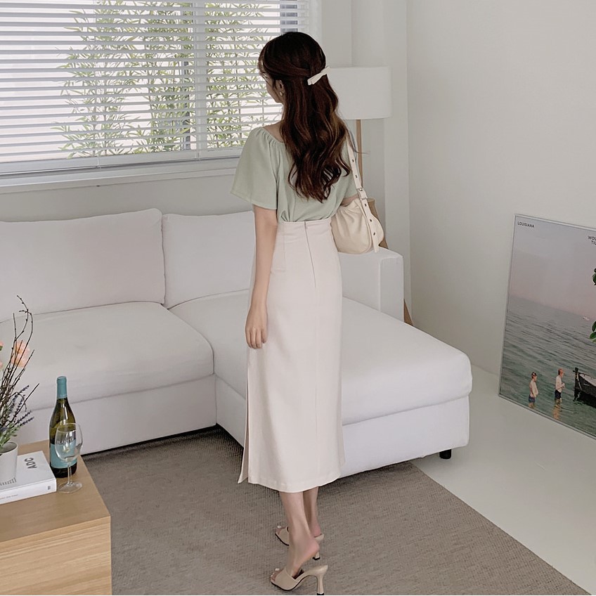 Áo sơ mi cổ chữ V tay ngắn/ chân váy dài xẻ tà 44625 phong cách Hàn Quốc dành cho nữ