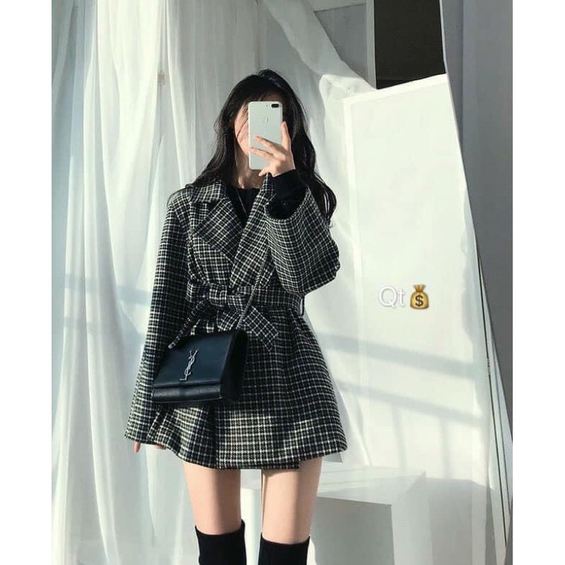 Áo dạ caro cổ Vest dáng xoè