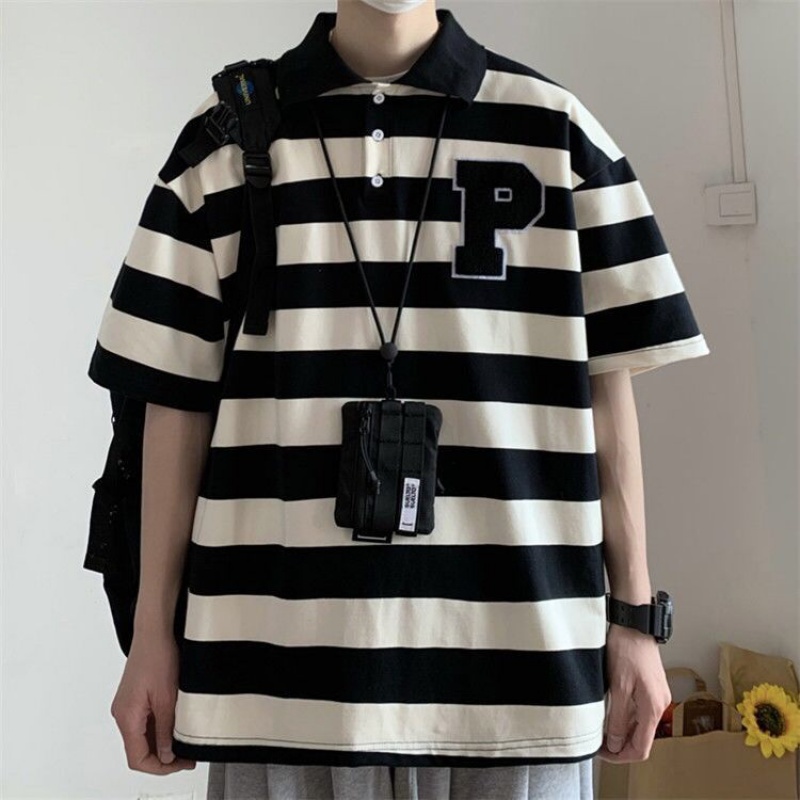 Áo Thun POLO Ngắn Tay Form Rộng Họa Tiết Sọc Ngang Thời Trang Dành Cho Nam