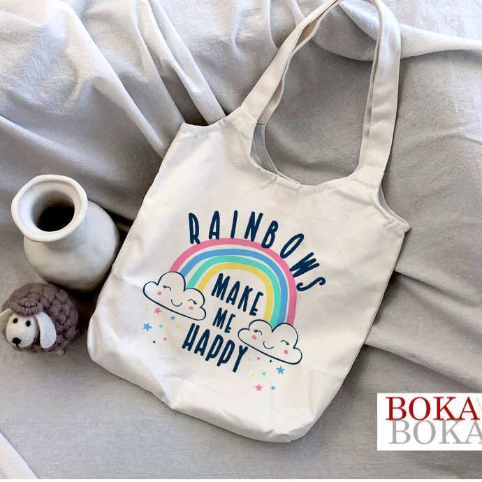 Túi Tote Vải Canvas Đeo Vai In Hình Rainbows Make My Happy Có Khóa