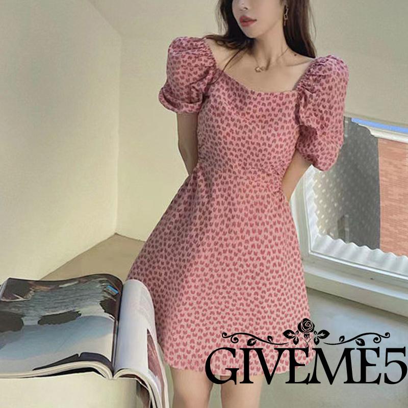 Đầm chữ A ngắn tay cổ vuông in hình thời trang sành điệu cho nữ