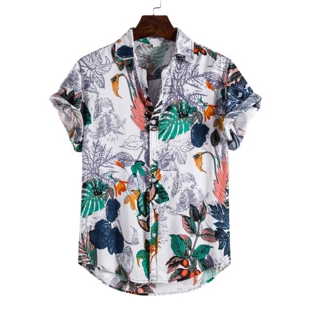 Áo sơ mi tay ngắn cổ bẻ dáng rộng vải lanh cotton in họa tiết thổ cẩm kiểu Vintage thời trang cho nam