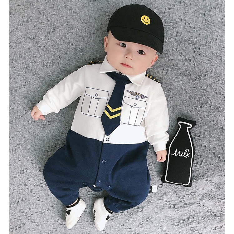 Áo Liền Quần Tay Dài In Hình Thuyền Trưởng One piece Vải Cotton Thời Trang Mùa Thu Cho Bé Trai Sơ