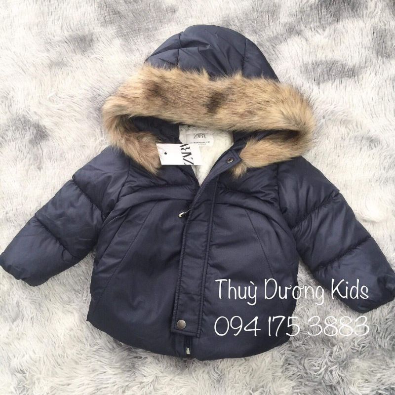 Áo khoác phao Zara lót lông cừu màu xanh than xuất dư cho bé 1,5-6y
