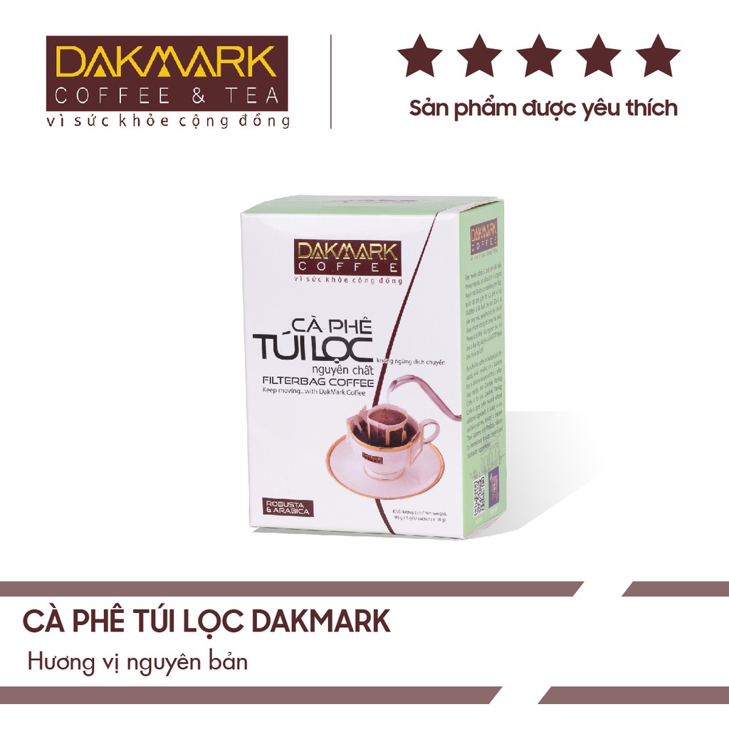Cà phê túi lọc DakMark, nguyên chất, hòa quyện Arabica và Robusta (hộp 5 gói x 18g)