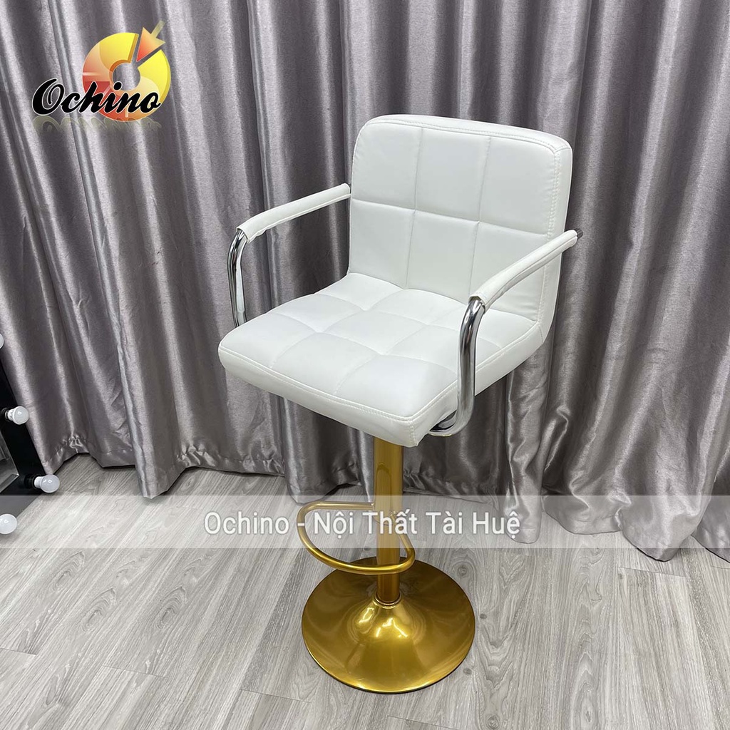 Ghế Makeup, Ghế Quầy Bar Mẫu Vịn Tay Inox Có Tay CHÂN VÀNG K1 Cao 60/80 Và Xoay 360 Độ Phong Cách Hiện Đại (Đủ Màu)