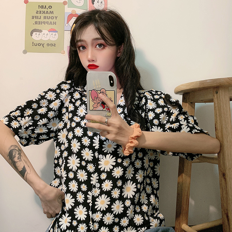 Áo sơ mi SUXI tay ngắn dáng rộng họa tiết hoa cúc phong cách Hàn Quốc thời trang dành cho nữ