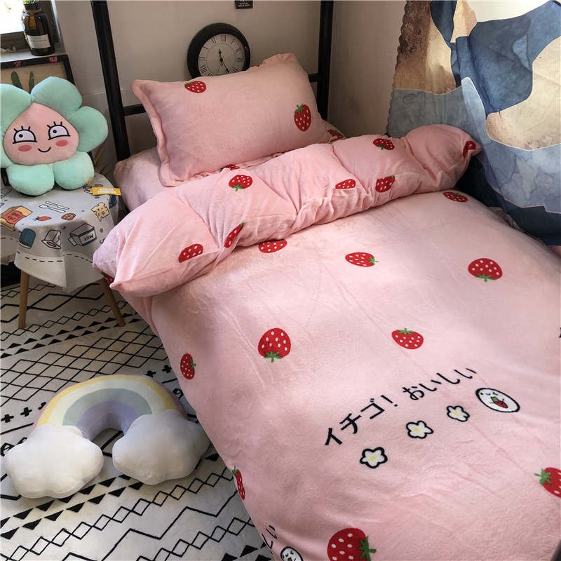 Winter flannel blanket quilt thickening winter strawberry girl heart coral fleece bedding set of four