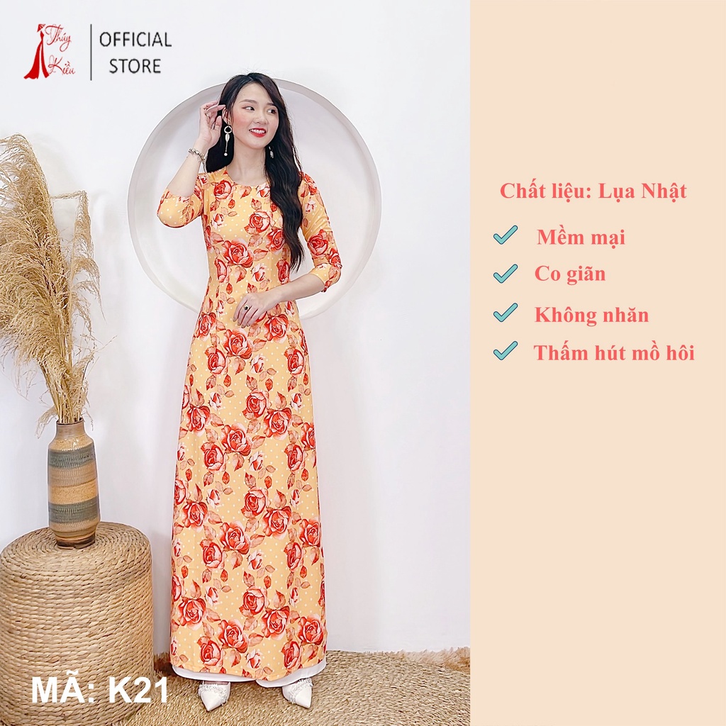 Áo dài truyền thống thiết kế may sẵn tết cách tân nữ nền cam hoa K21 Thúy Kiều mềm mại co giãn áo dài giá rẻ