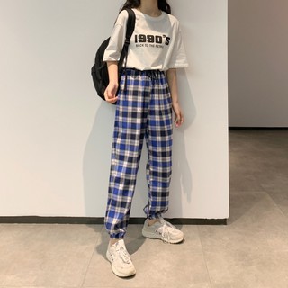 Quần kẻ caro bo gấu rút dây kiểu dáng thể thao cute - VIETCENTRE