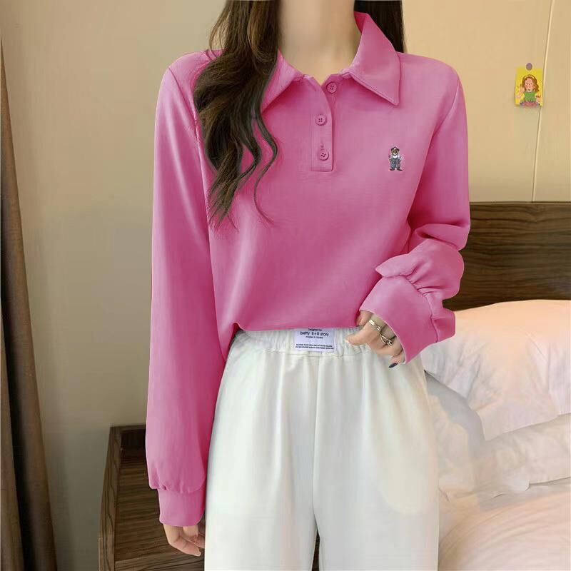 Áo Sweater Cổ Polo Dáng Rộng Thêu Hình Gấu Kiểu Hàn Quốc Thời Trang Mùa Thu Cho Nữ