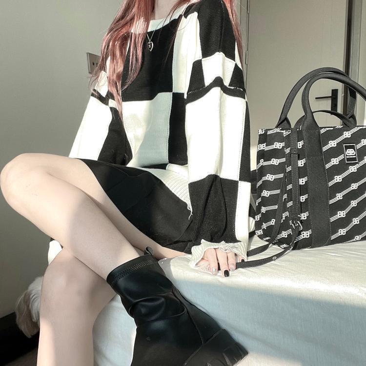 Áo khoác sweater dệt kim họa tiết kẻ sọc caro dáng rộng phong cách Hàn Nhật cho nữ