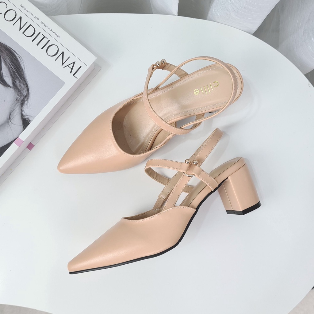 Giày cao gót slingback nữ bít mũi thời trang đế vuông mũi nhọn cao 5cm đi làm công sở đi tiệc Cillie 1115