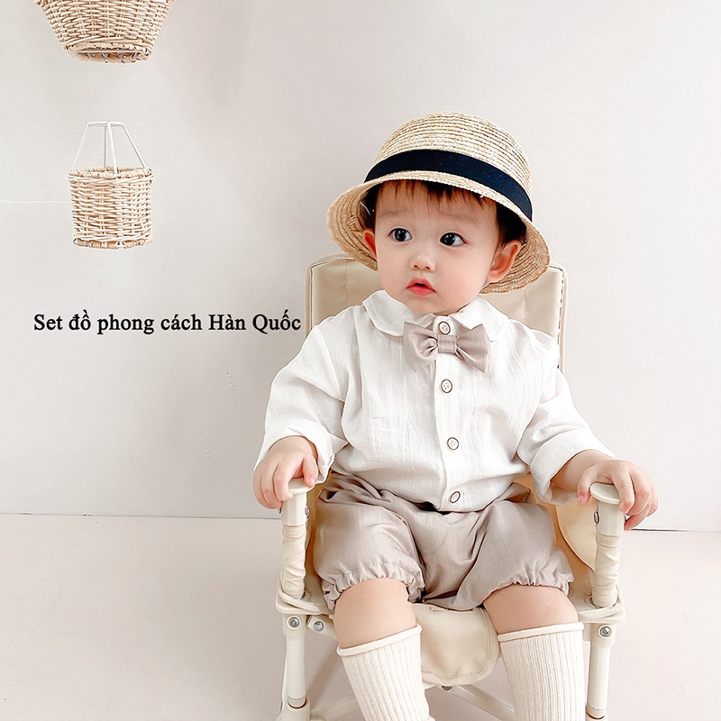 Set áo trắng quần ngắn phối nơ HINATA cho bé trai - chất vải mềm mịn, thoáng khí BF21