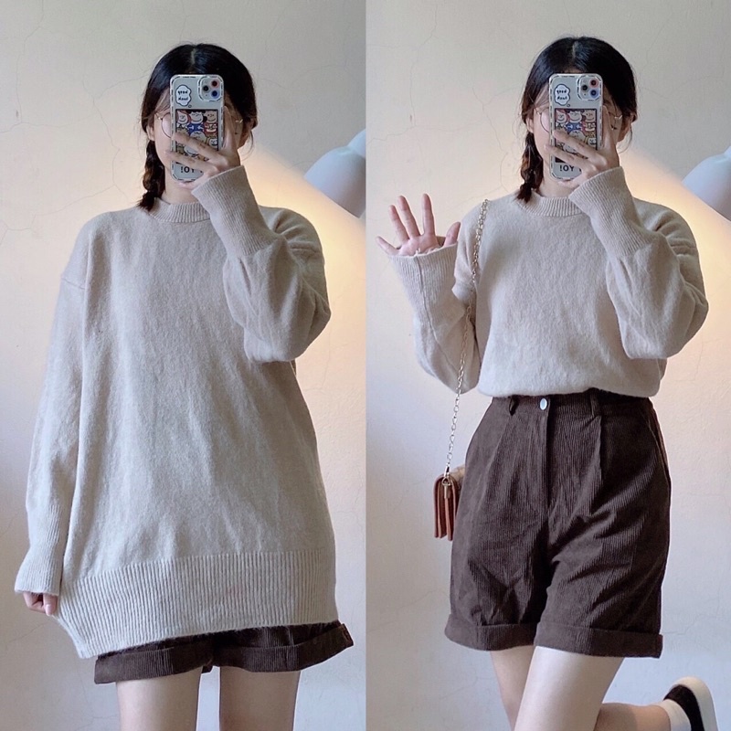 Áo len trơn form rộng cổ tròn tay dài/Áo len Hàn Quốc