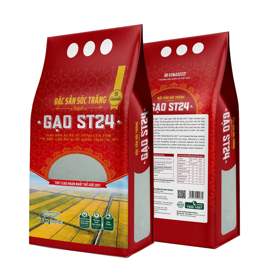 Gạo ST24 Vinaseed Túi 3Kg - Cơm mềm dẻo, thơm dứa - Đặc Sản Sóc Trăng, Sản Xuất Từ Vùng Lúa Tôm