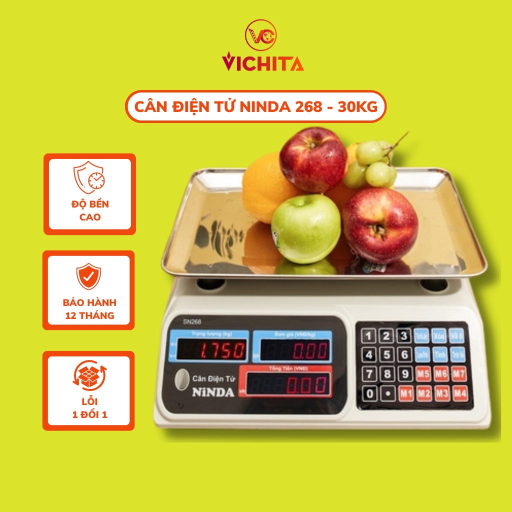 Cân Điện Tử NINDA SN268 - 30kg Tính Giá Tiền - Đèn Led Đỏ, 2 Mặt Đồng Hồ Trước Sau