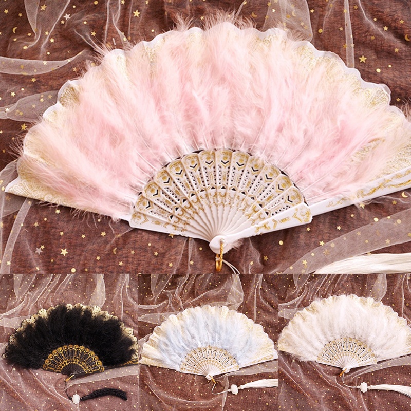 Quạt xếp 20s phối ren lông vũ phong cách Lolita vintage