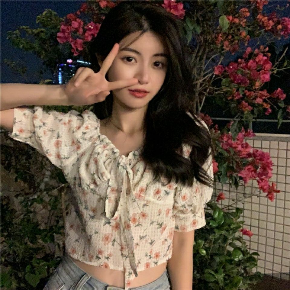 Áo Croptop Tay Phồng Ngắn In Hoa Kiểu Pháp Dễ Thương Cho Nữ