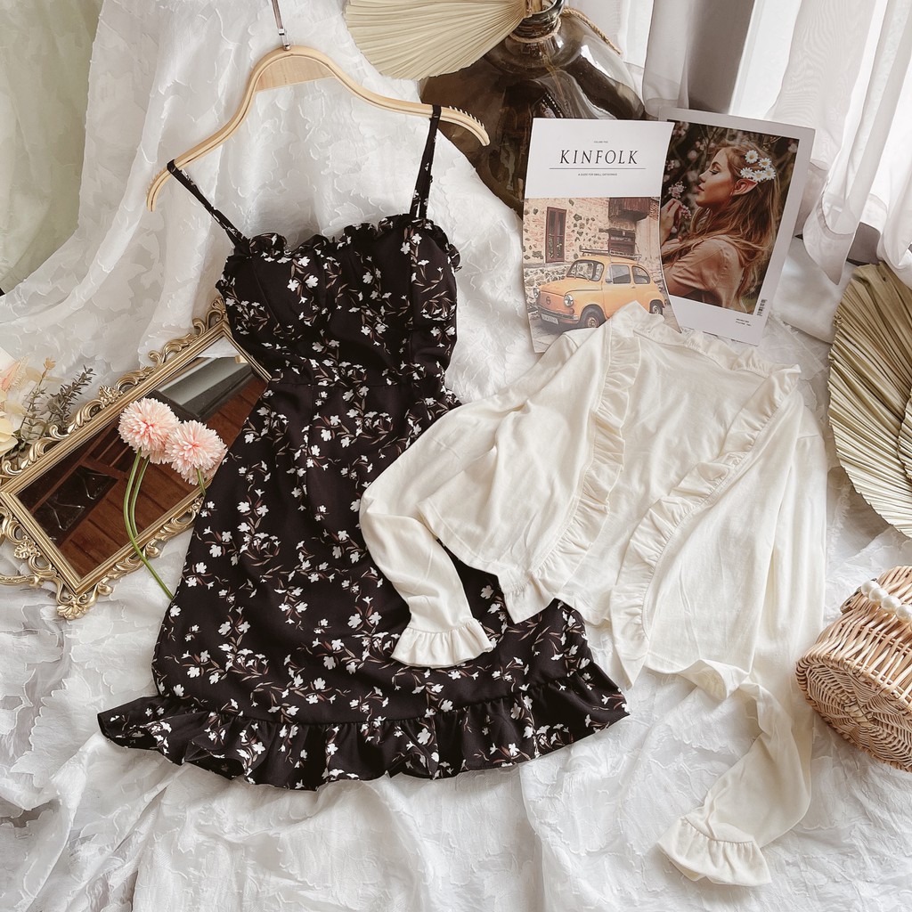 [Mã FATHANG5 giảm 10K đơn 50K] SET ĐẦM HOA ĐEN 2 DÂY LAI BÈO KÈM KHOÁC | BigBuy360 - bigbuy360.vn