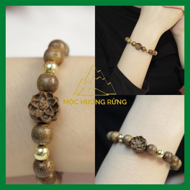 Vòng Trầm Hương Mix Bông Sen Gỗ Trầm Cho Nữ - Size hạt 8mm-12mm