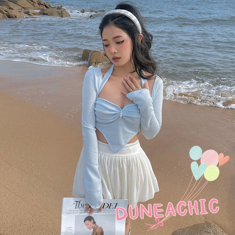 DUNEA Áo Sơ Mi Tay Dài Cổ Yếm Xếp Ly Thiết Kế Ngọt Ngào Cho Nữ