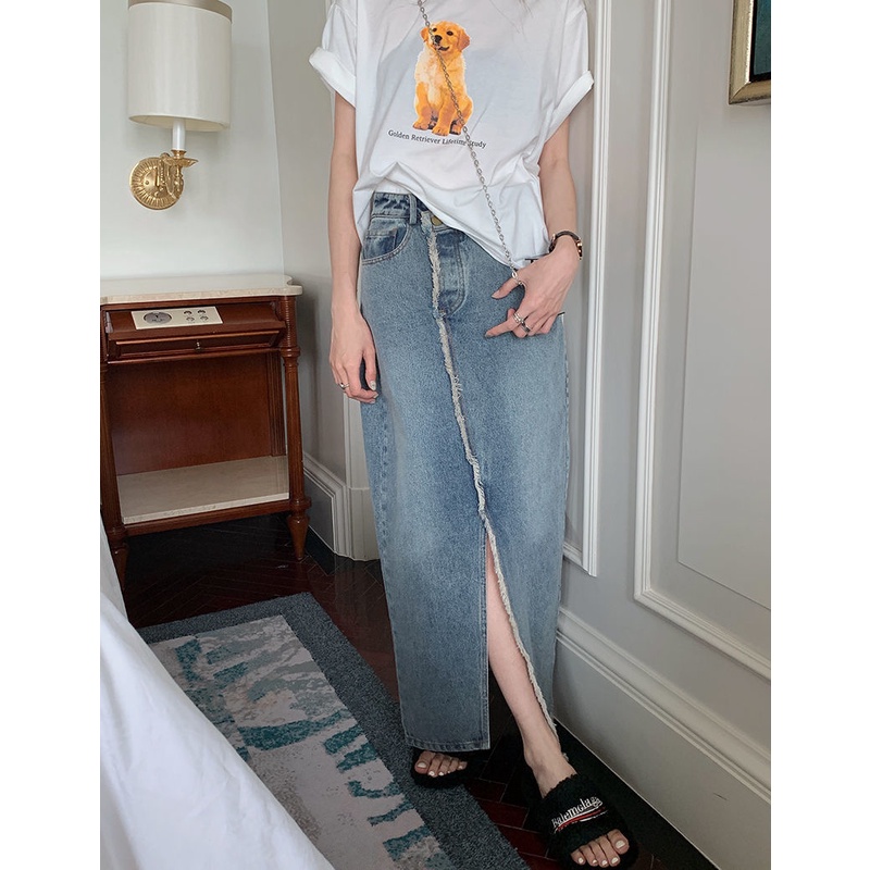 Chân váy jean Lưng Cao Xẻ Tà Thiết Kế Mới Thời Trang Mùa Hè Cho Nữ