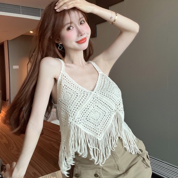 Áo dệt kim ZHELIHANGFEI 2 dây tua rua phong cách quyến rũ
