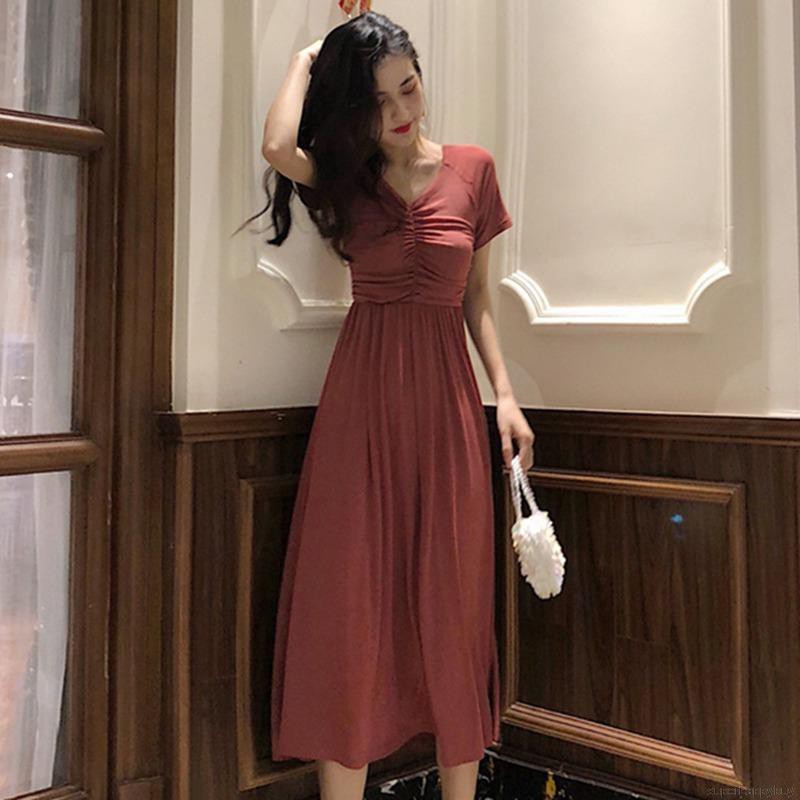 Đầm maxi cổ chữ V màu trơn phong cách Hàn Quốc thanh lịch cho nữ | BigBuy360 - bigbuy360.vn