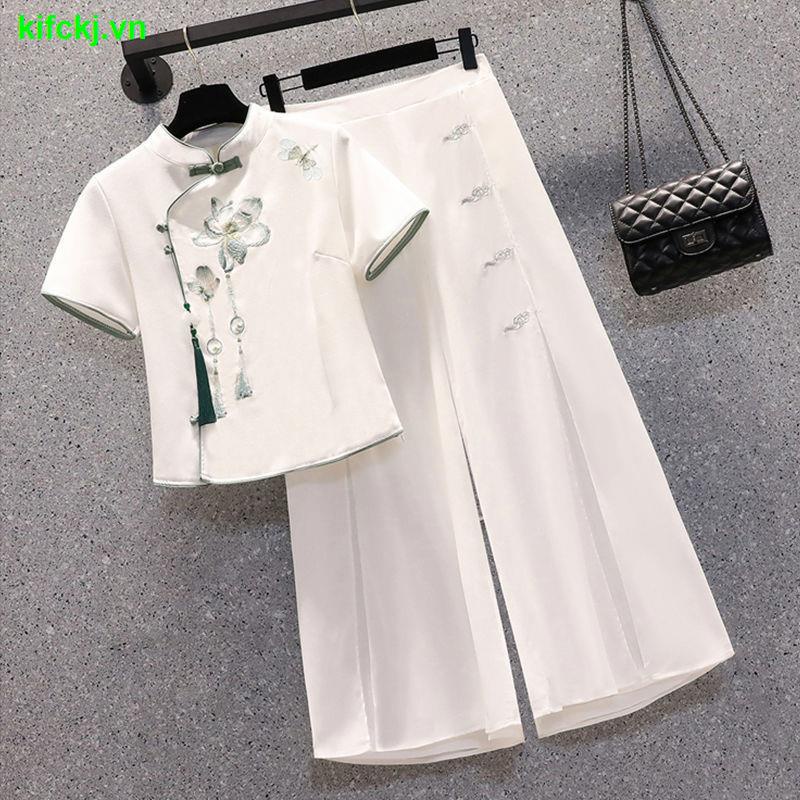 Set trang phục hai mảnh phong cách sườn xám cách tân trung quốc có size ngoại cỡ thời trang mùa hè cho nữ (có bán lẻ)