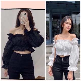 Áo kiểu croptop trễ vai bo eo tay tầng loe