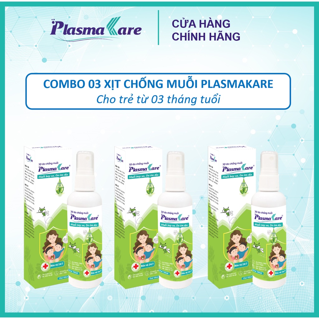 Combo 3 Xịt da chống muỗi PlasmaKare 100ml Xua đuổi muỗi, côn trùng, Xẹp nhanh vết đốt