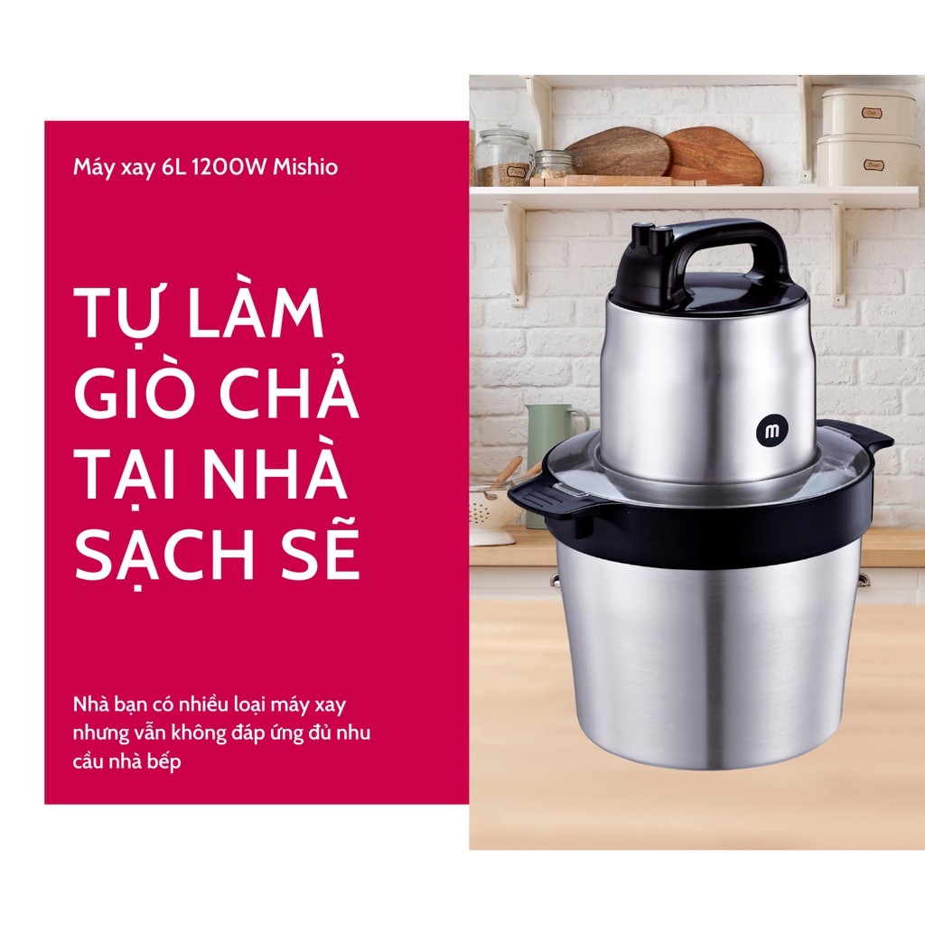 [Mã ELHADEV giảm 4% đơn 300K] Máy xay giò chả 6L Mishio MK279 1200W inox 304