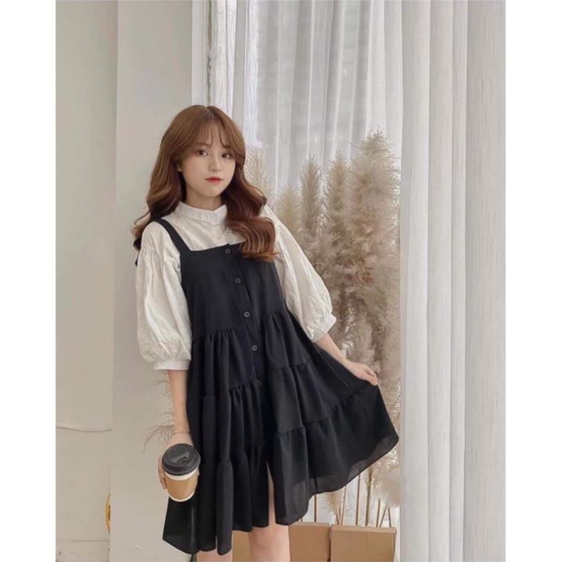 [Mã WAMT1505 giảm 10K đơn 0K] Set áo và váy yếm buộc dây nơ 💖 Freeship 💖 Bộ váy yếm babydoll kèm áo sơ mi cài cúc  ཾ