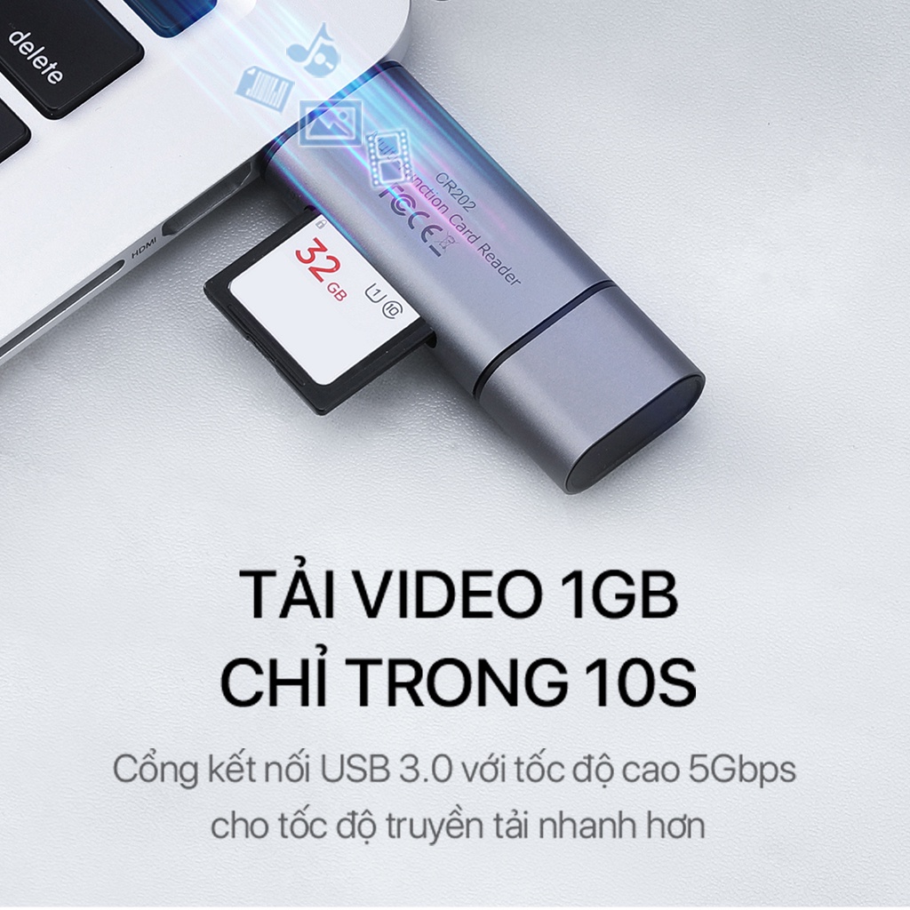 Thiết Bị Đọc Thẻ Nhớ SD MicroSD ROBOT CR202 - 2 Đầu Type-C Và USB 3.0 Hàng Chính Hãng Bảo Hành 12 Tháng 1 Đổi 1