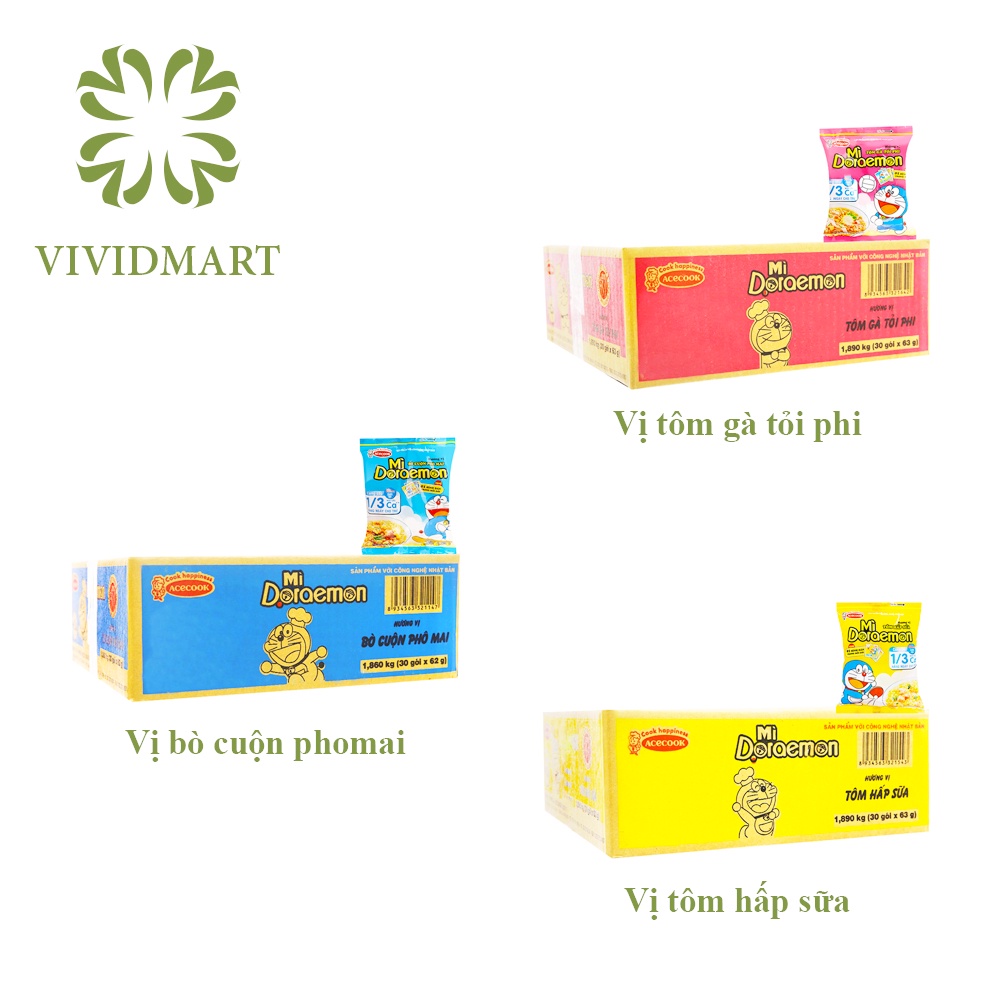 MÌ DORAEMON 3 VỊ: BÒ CUỘN PHOMAI (PHÔ MAI), TÔM GÀ TỎI PHI, TÔM HẤP SỮA – 62g/GÓI - DOREMON / DOREAMON -