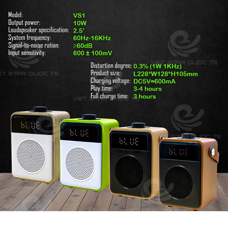 Loa bluetooth Việt Star Quốc Tế VS-1 5.0 màn hình LED ,sạc nhanh 3 giờ dung lượng pin 600mA-Hàng Chính Hãng