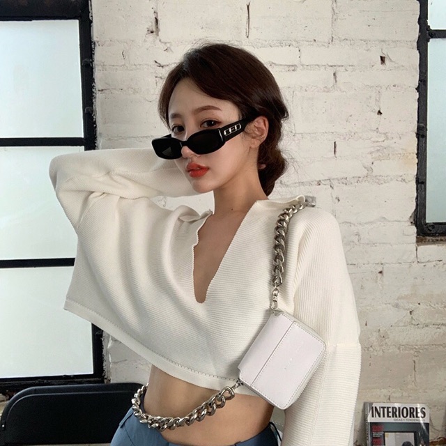 ( sẵn 1 nâu ) Áo len croptop dài tay xẻ ngực cổ chữ V hở ngực