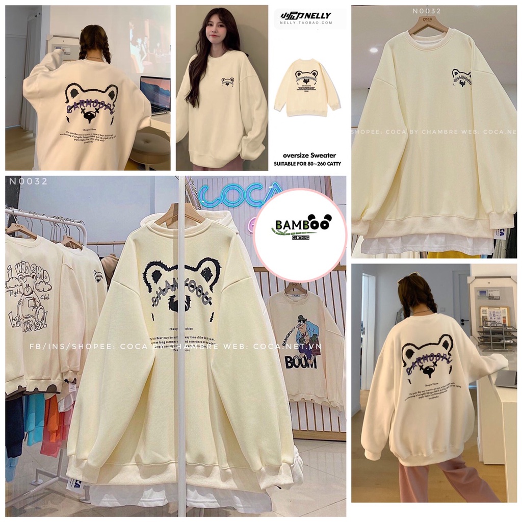 Áo Sweater Màu Kem Chất Nỉ Quảng Châu In Hình Gâu Hot Trend