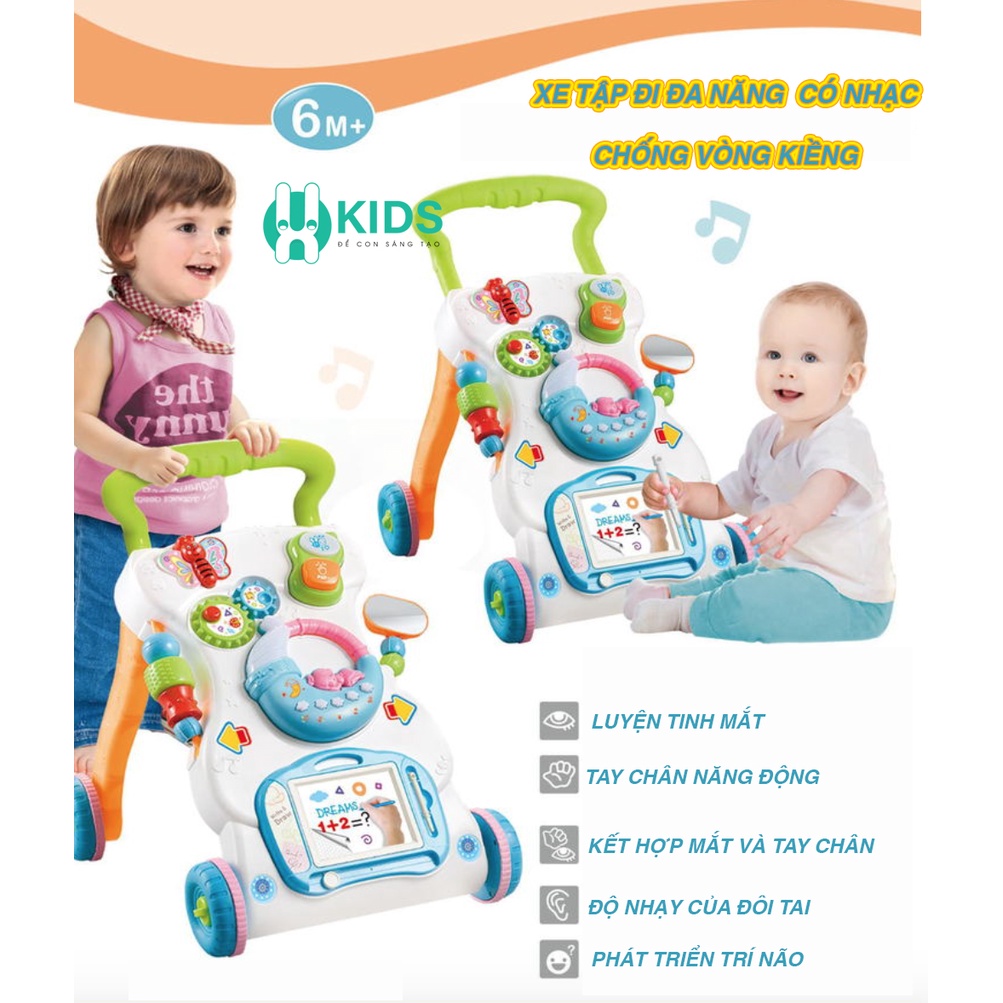 Xe đẩy tập đi đa năng có nhạc có đèn, bánh xe chống trượt, kèm xúc xắc treo nôi kèm bảng vẽ trẻ em cao cấp