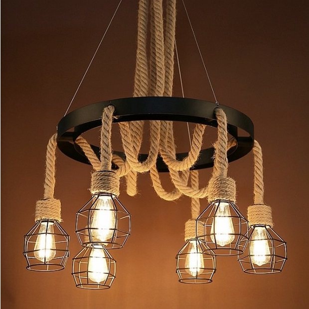 Đèn Chùm Dây Thừng 6 Chao Lưới Bóng Led Edison ST64, Đèn Thả Trần Cổ Điển