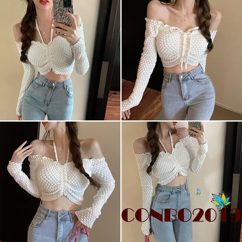 Áo Croptop Tay Dài Hở Vai Màu Sắc Trơn Thời Trang Dành Cho Nữ