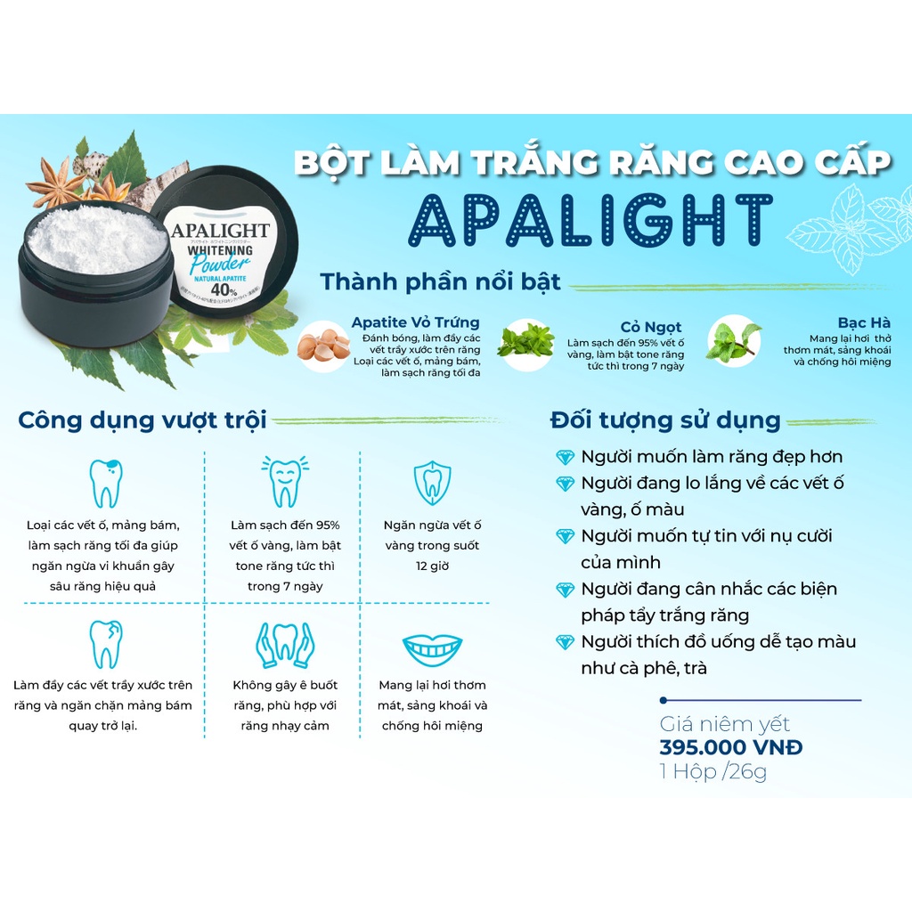 Bột đánh trắng răng APALIGHT Đánh bay đến 95% vết ố vàng, làm bật tone răng tức thì trong 7 ngày
