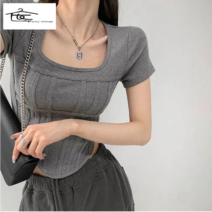 Áo Thun Ngắn Tay Dáng Ôm Thiết Kế Hình Xương Cá Phong Cách Mỹ Quyến Rũ